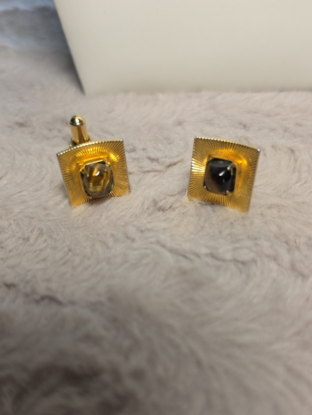 Gold-tone Square Finish Cufflinks with a Polished Tigereye Cabachon
